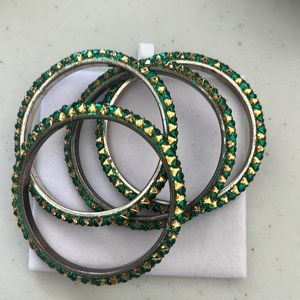 New:Set of 4 Green and gold Crystals Bangle Bracelets from India,2.5 inches wide